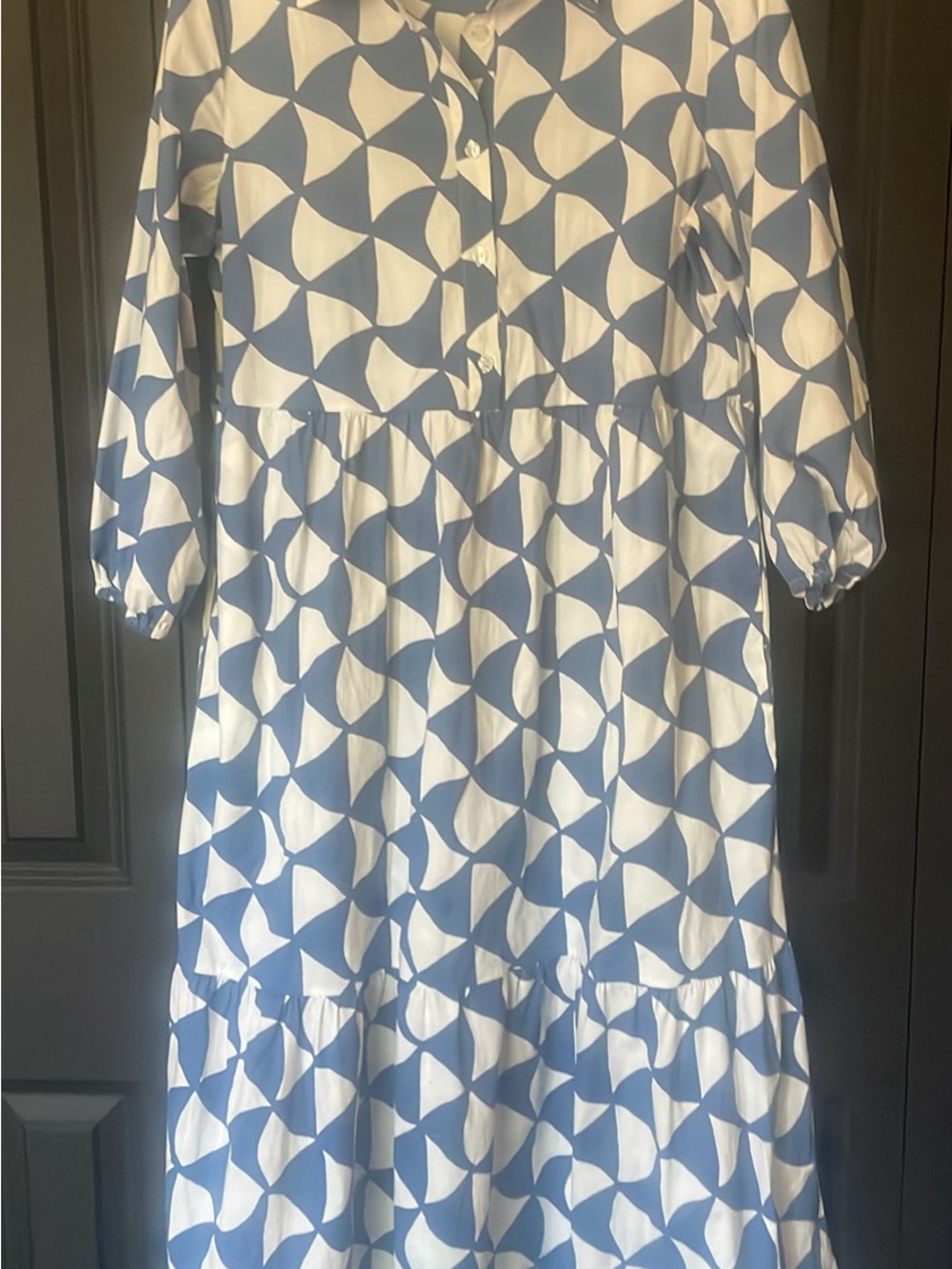 Rachel Zoe Blue and White Geometric Tiered Button-Front Dress